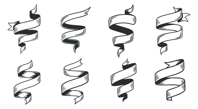 A collection of decorative ribbons and banners in black and white outline vector style, ideal for event invitations and branding