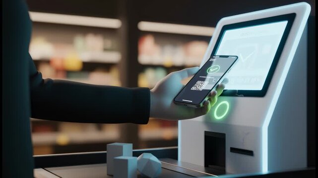 Modern shopper uses smartphone to scan qr code at a self checkout kiosk for a fast, secure contactless payment, illustrating cashless retail and mobile commerce trends