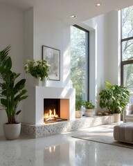 Naklejka premium Modern living room detail showing a sleek gas fireplace with a terrazzo hearth, polished terrazzo floor, and large glass windows with plants.