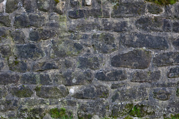 A wall made of stone with moss growing on it