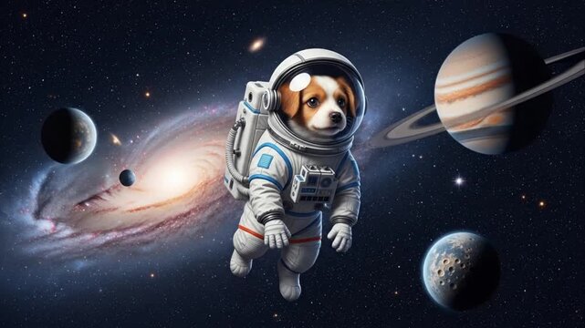 Adorable dog astronaut floating in deep space galaxy environment