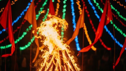 Festival bonfire with colorful lights and flags at night