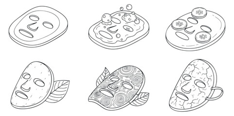 A collection of six facial masks in outline vector style, suitable for beauty and skincare branding and design