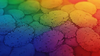 Abstract, colorful fingerprint collection symbolizing identity and diversity, macro view with rainbow gradient background.
