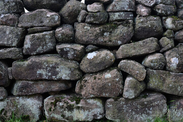A wall made of large rocks with moss growing on it