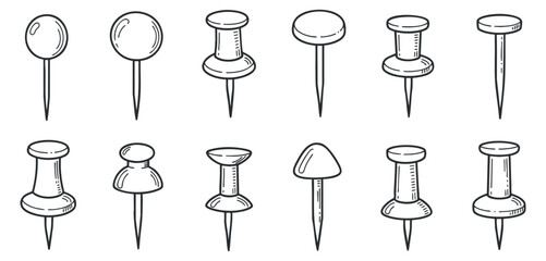 A set of various pushpins and thumbtacks in black and white outline vector style, ideal for office and school design projects