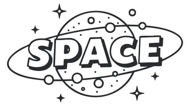 A playful outline illustration of space featuring planets and stars in black and white vector style, suitable for educational materials and children's graphics