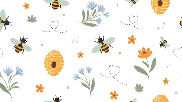 Seamless pattern with cute hand-drawn honey bees, honeycombs, and meadow flowers.