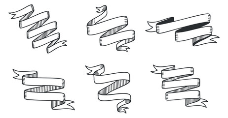 A collection of hand-drawn decorative ribbons in black and white vector style, ideal for graphic design and branding projects