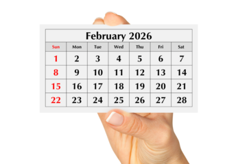 Page of the monthly calendar february 2026 in hand. Isolated on transparent png