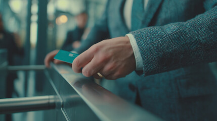 Obraz premium A man in a blue suit using a credit card to pass through a turnstile