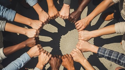 Diverse hands clasped in a circle, casting shadows on concrete during daylight