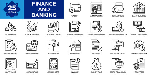 Finance And Banking icon collection set. Containing Wallet, ATM Machine, Dollar Coin, Bank Building, Safe Vault, Checkbook, Calculator, Invoice, Money Bag, Mobile Banking icon
