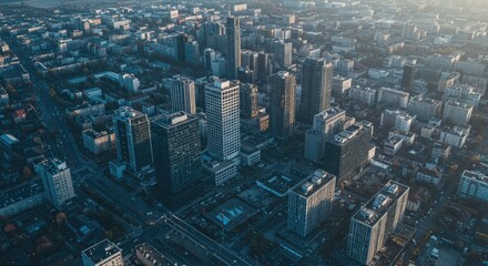 High-angle view of a modern city.  Urban sprawl, dense buildings