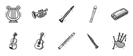 Collection of musical instruments: harp, trumpet, clarinet, recorder, harmonica, violin, guitar, oboe, bagpipes