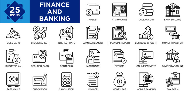 Finance And Banking icon collection set. Containing Wallet, ATM Machine, Dollar Coin, Bank Building, Safe Vault, Checkbook, Calculator, Invoice, Money Bag, Mobile Banking icon