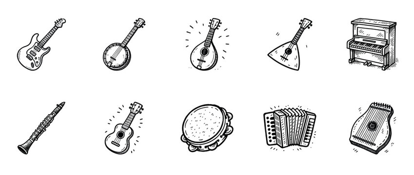 Hand-drawn musical instruments collection: guitar, banjo, piano, clarinet, tambourine