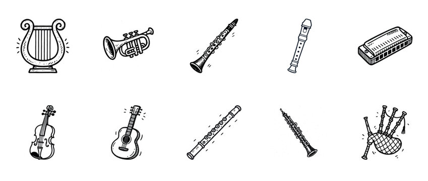 Collection of musical instruments: harp, trumpet, clarinet, recorder, harmonica, violin, guitar, oboe, bagpipes