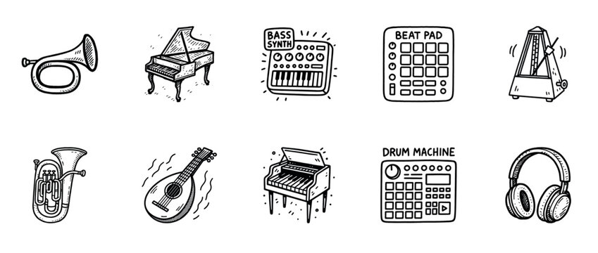 Hand-drawn musical instruments and audio equipment icons collection