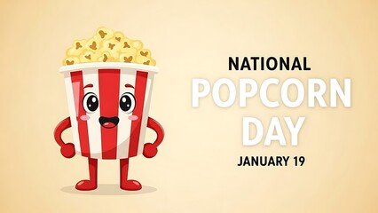 Adorable cartoon popcorn bucket mascot with big eyes and arms stands beside bold text announcing national popcorn day celebrated every year on january nineteen for food lovers.