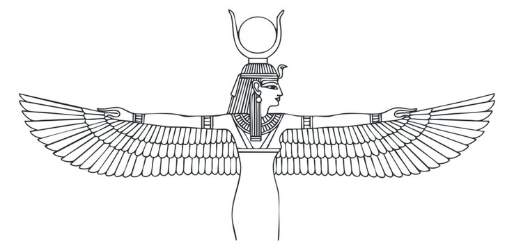 A winged goddess with outstretched arms in black and white outline vector style, ideal for mythology and cultural designs