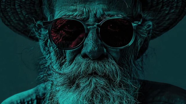 Man with white beard and sunglasses looking to the side.