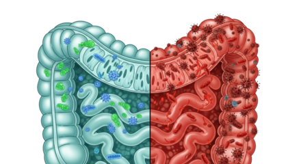 Scientific vector diagram comparing healthy intestinal villi and blue probiotics to inflamed tissue with adhering red pathogenic bacteria. Concept of microscopic biological education
