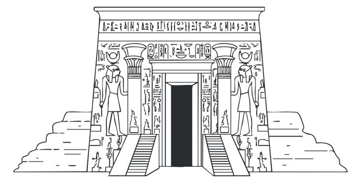 An outline illustration of an ancient Egyptian temple with hieroglyphs and statues in black and white vector style, suitable for educational projects