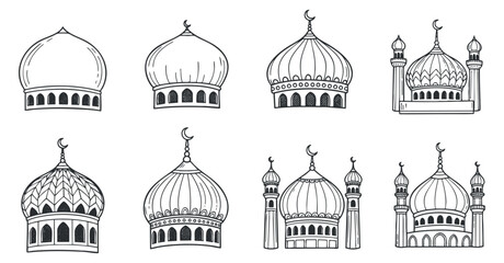 A collection of various mosque domes and minarets in black and white outline vector style, suitable for architectural design and religious themes