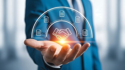 Fototapeta premium Businessman presenting partnership agreement with glowing handshake
