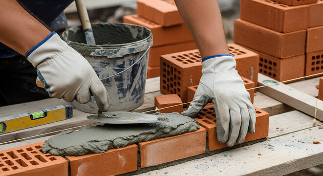 Construction worker laying bricks with mortar and trowel on building wall