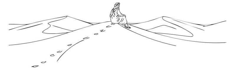 Fototapeta premium A minimalist outline illustration of a woman sitting in a desert landscape with footprints in the sand, ideal for relaxation and meditation themes