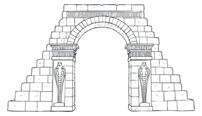 Fototapeta premium An ancient stone archway with Egyptian statues in outline vector style, ideal for history-themed designs and educational materials