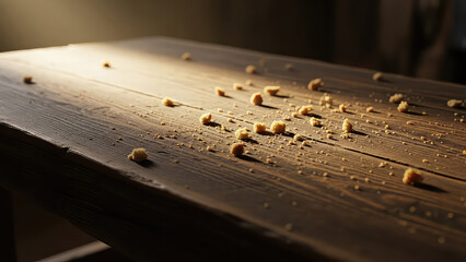 Scattered sawdust on wooden surface