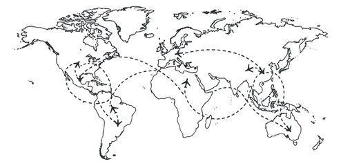 A world map with dotted lines representing global connections in a minimalist black and white vector style, suitable for travel and business presentations