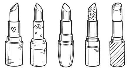 A collection of five different lipstick tubes in outline vector style, ideal for beauty and cosmetic branding