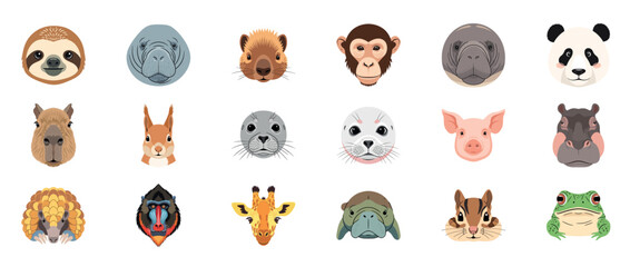 Obraz premium Collection of cute animal faces featuring sloth, monkey, panda, giraffe, frog, and more