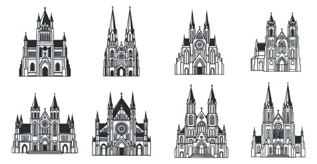Fototapeta premium A collection of gothic cathedrals in black and white outline vector style, suitable for architectural design projects