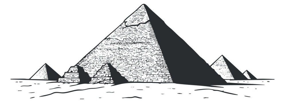 A depiction of the Great Pyramid of Giza and surrounding pyramids in black and white outline vector style, ideal for travel and educational projects