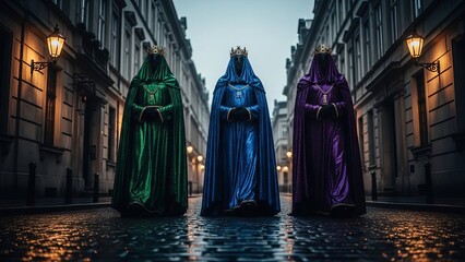 Three robed figures with crowns stand in a wet cobblestone street with lampposts and buildings behind them.