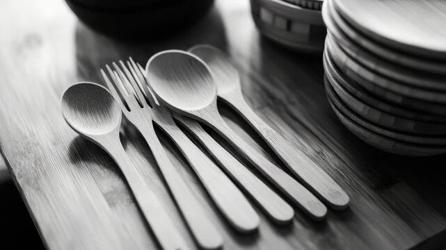 Wooden set of spoons and cutting board on table