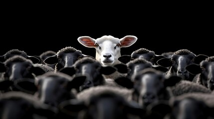 White sheep standing out among black sheep on dark background, concept of individuality and uniqueness