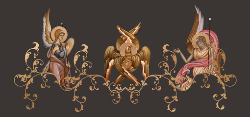 Obraz premium Eagle symbol Saint John. Decorative vintage border with angels, illustration in Byzantine style