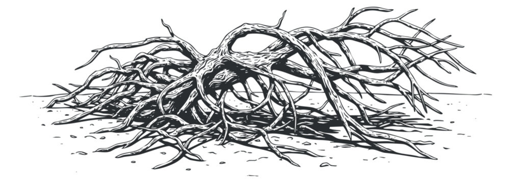 A detailed illustration of an intricate tree root structure in black and white sketch style, ideal for nature-themed designs