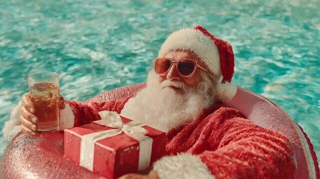 Caucasian man in red santa suit and sunglasses floating in a pool with inflatable ring, holding drink and gift for Christmas holiday.