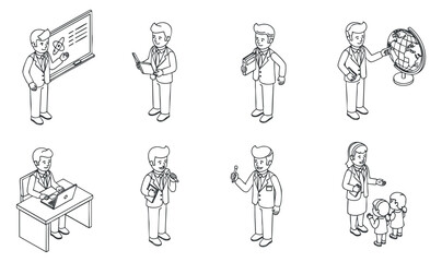 A collection of professional characters engaging in various educational activities in black and white outline vector style, ideal for business and educational materials