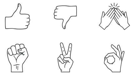 Fototapeta premium A collection of hand gesture icons including thumbs up, thumbs down, peace sign, and okay sign in minimalist black and white vector style, perfect for communication and social media usage