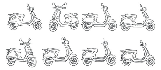 Fototapeta premium A collection of scooter illustrations in black outline style, perfect for urban mobility concepts and graphic design projects