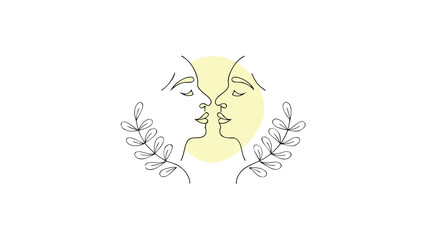 Stylized faces of two women with leaves on white background