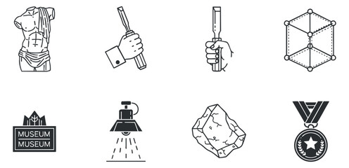 A collection of museum-related icons including a sculpture, hand holding a tool, and a trophy in black and white outline vector style, ideal for educational and cultural projects